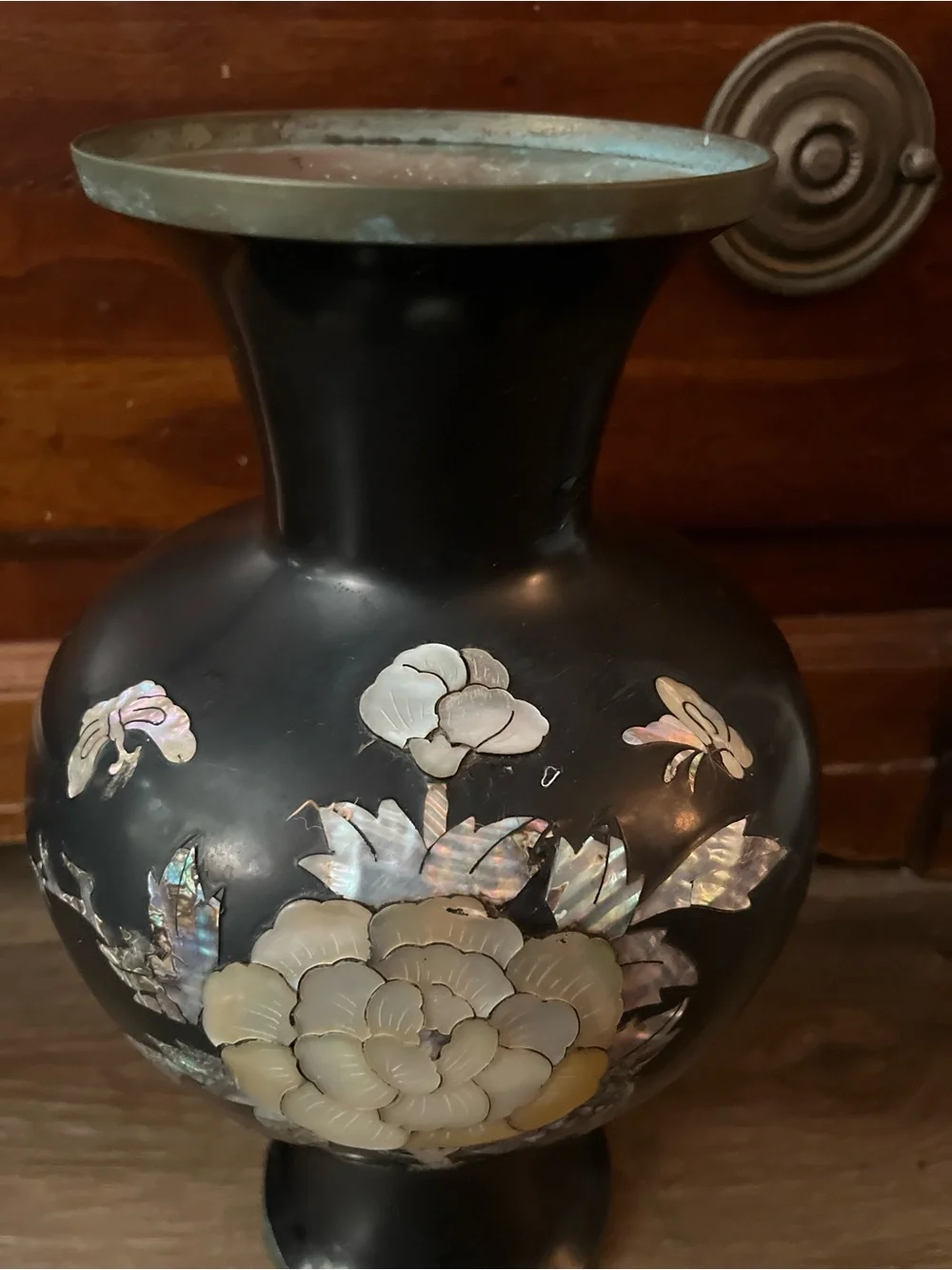 Iridescent Mother-of-Pearl Floral Black Accent Vase brass inside
